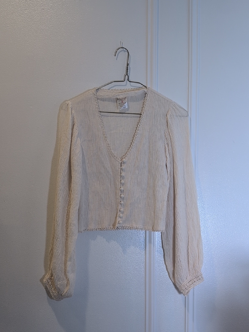 Vintage Cotton Cream V-Neck Button Front Women's Top
